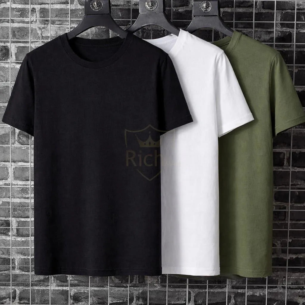 Premium Pack of 3 Crew Neck T-Shirts Black White Olive Green Pehnawa