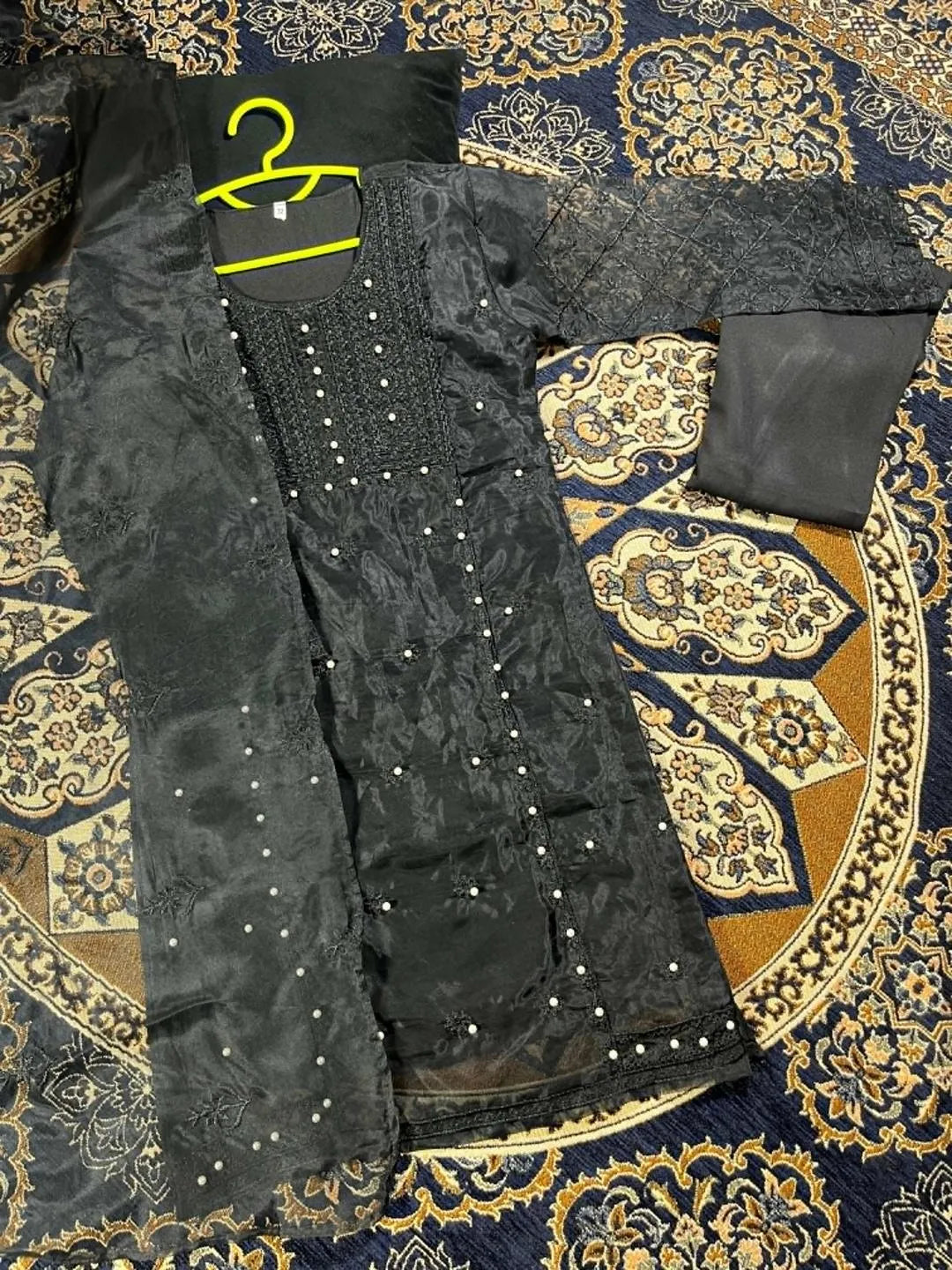 Black Chiffon 3-Piece Suit for Girls with Pearls Embroidery