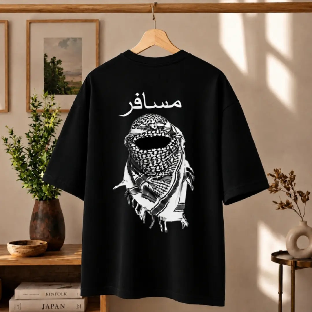 Premium Arabic Typography & Keffiyeh Graphic Drop Shoulder Black T-Shirt - Oversized PC Fabric Tee Pehnawa
