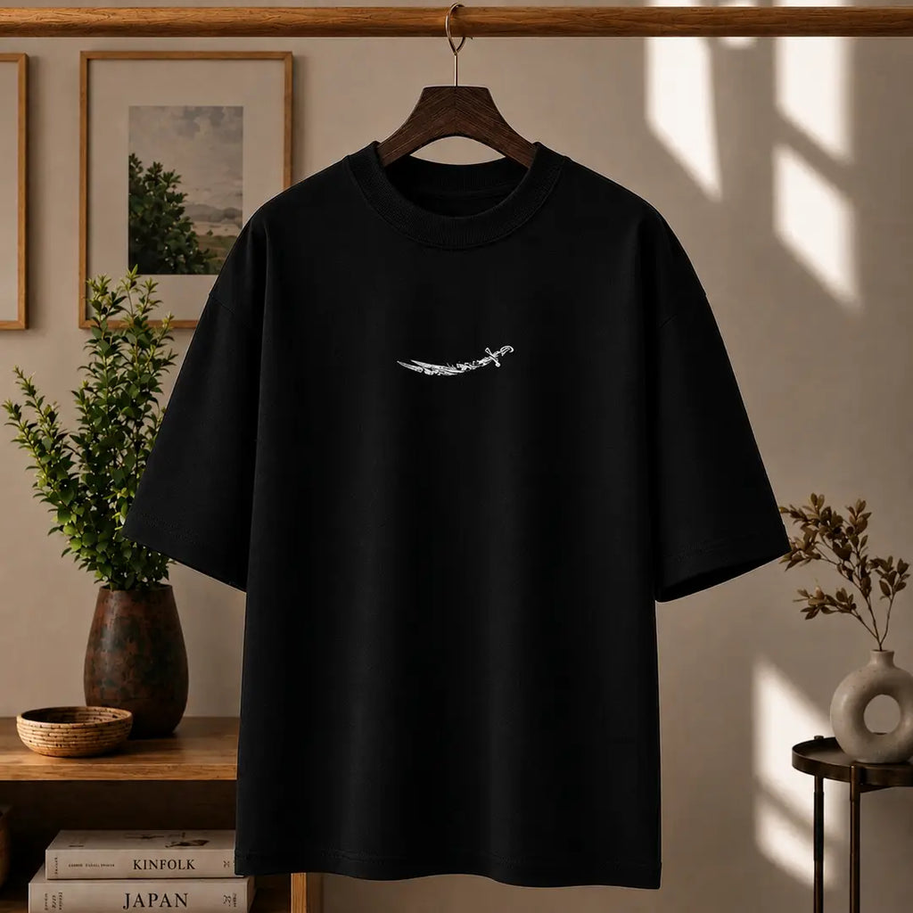Premium Arabic Typography & Keffiyeh Graphic Drop Shoulder Black T-Shirt - Oversized PC Fabric Tee Pehnawa