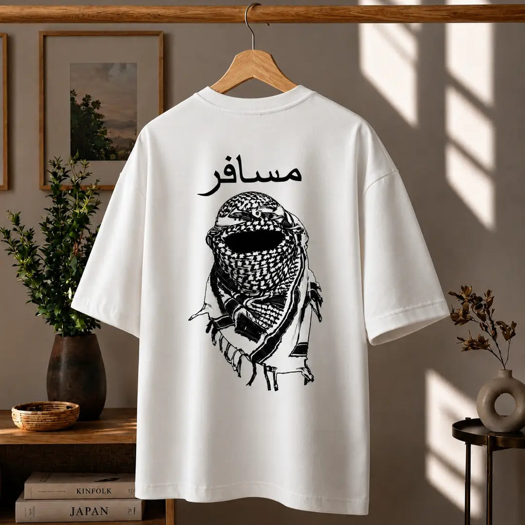 Premium Arabic Typography & Keffiyeh Graphic Drop Shoulder Black T-Shirt - Oversized PC Fabric Tee Pehnawa