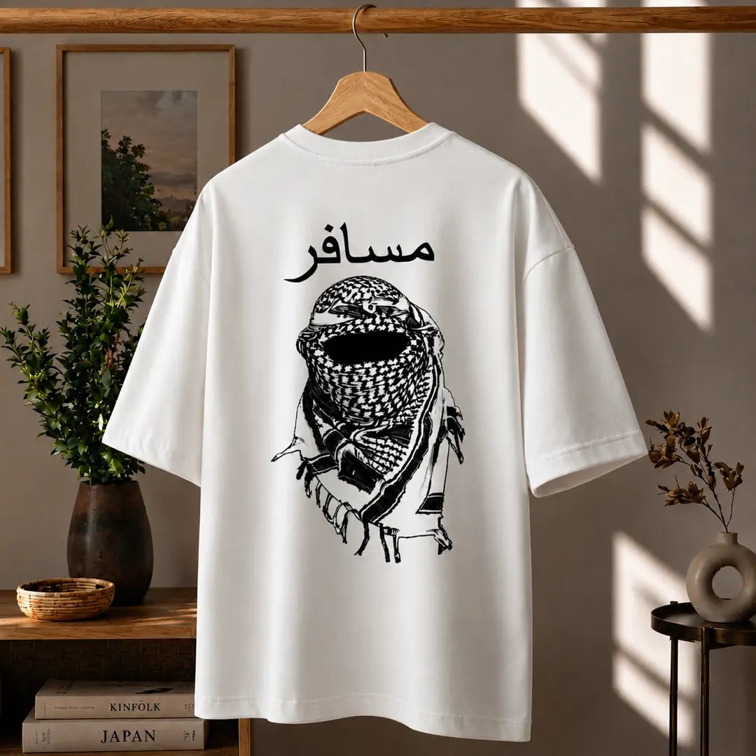 Premium Arabic Typography & Keffiyeh Graphic Drop Shoulder Black T-Shirt - Oversized PC Fabric Tee Pehnawa