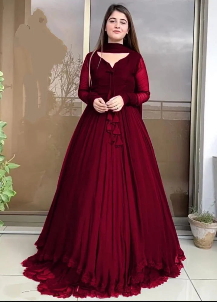 Women Maroon Chiffon Maxi Suit 3 Pcs Round Neck