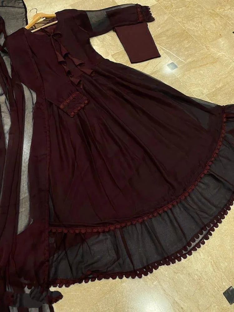 Women Maroon Chiffon Maxi Suit 3 Pcs Round Neck