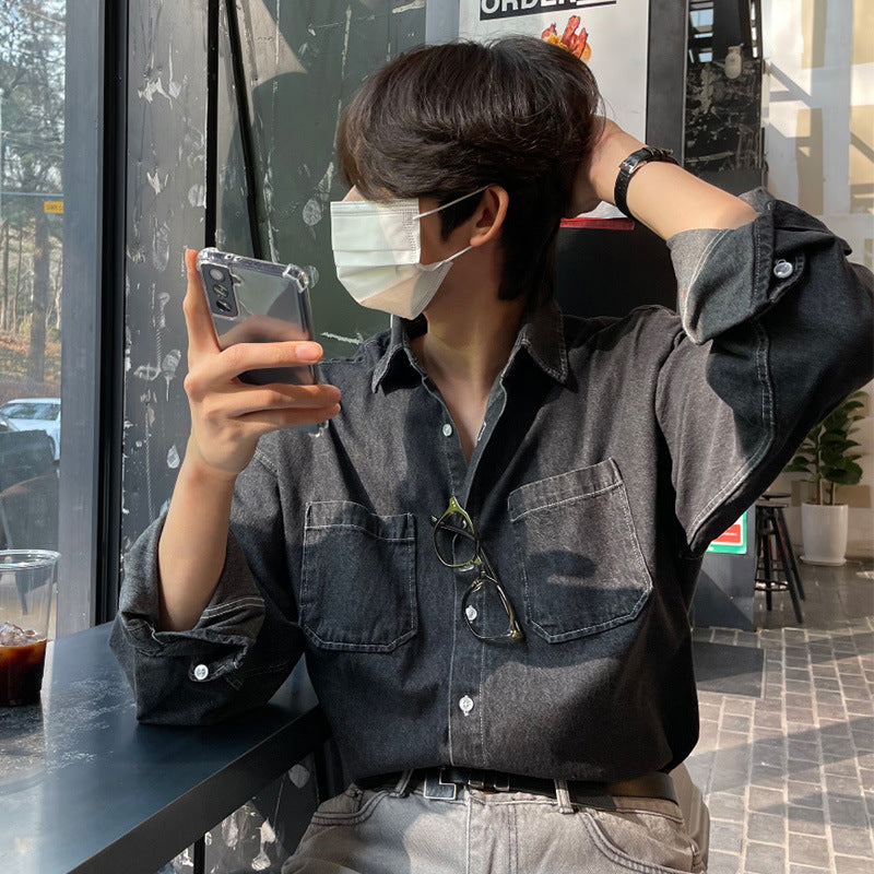 Korean Inspired Denim Shirt Black Loose Fit