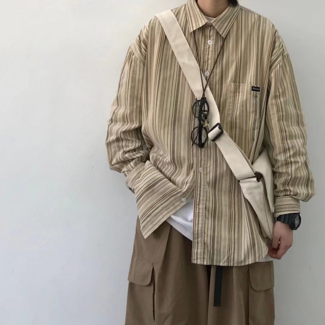 Men Striped Long Sleeve Shirt Loose Fit Autumn Casual