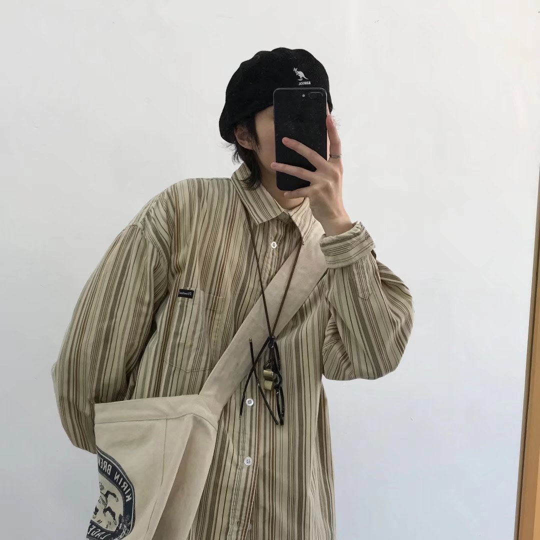 Men Striped Long Sleeve Shirt Loose Fit Autumn Casual