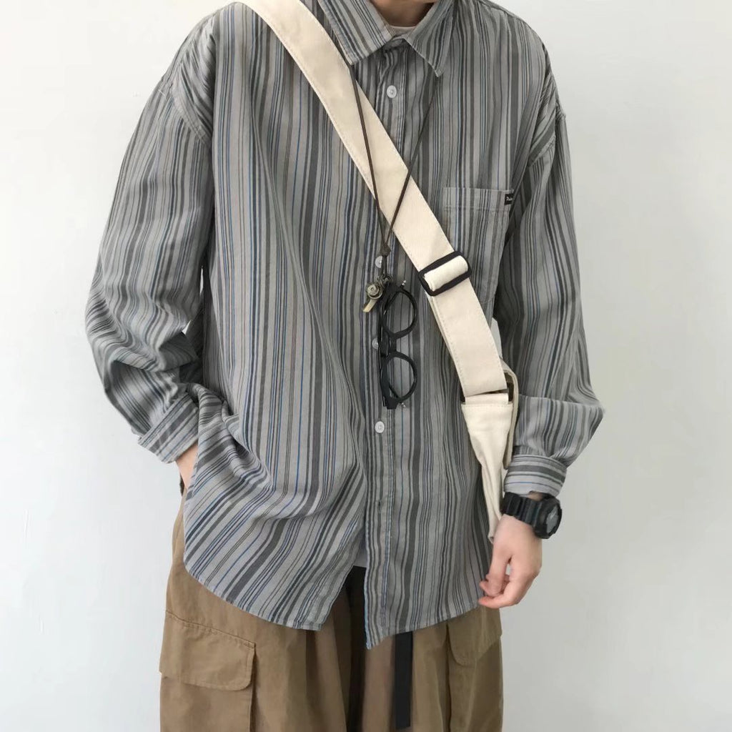 Men Striped Long Sleeve Shirt Loose Fit Autumn Casual