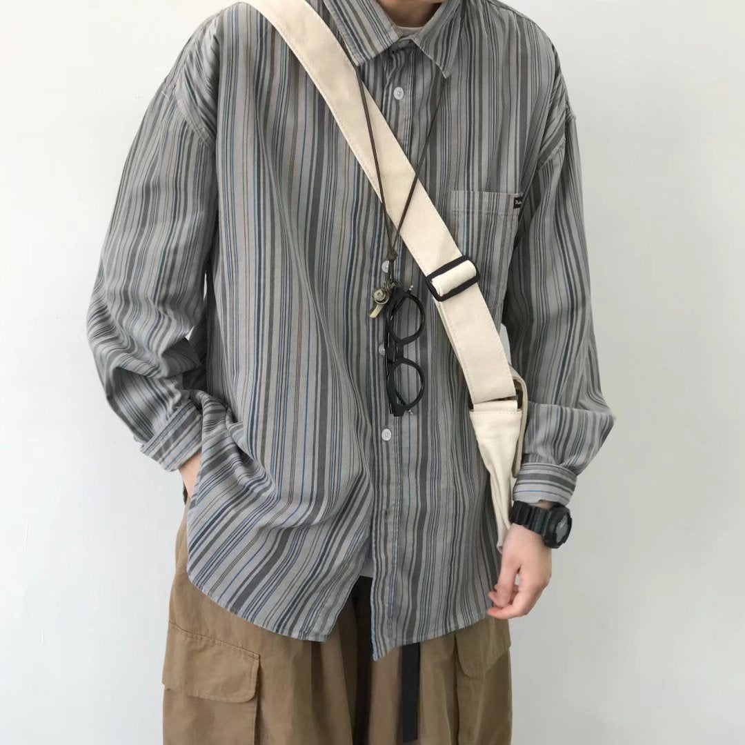 Men Striped Long Sleeve Shirt Loose Fit Autumn Casual