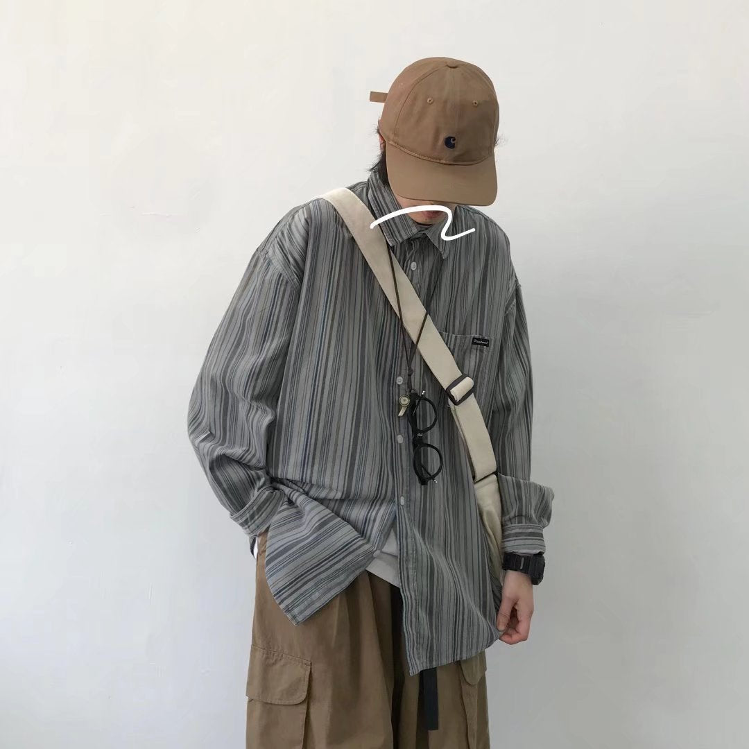 Men Striped Long Sleeve Shirt Loose Fit Autumn Casual