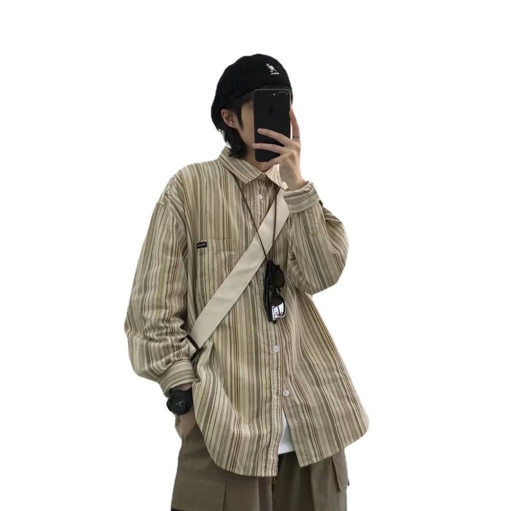 Men Striped Long Sleeve Shirt Loose Fit Autumn Casual