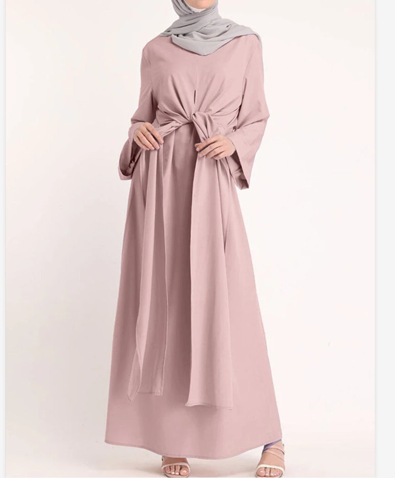 Women Solid Color Elegant Belt Dress Khaki High Quality