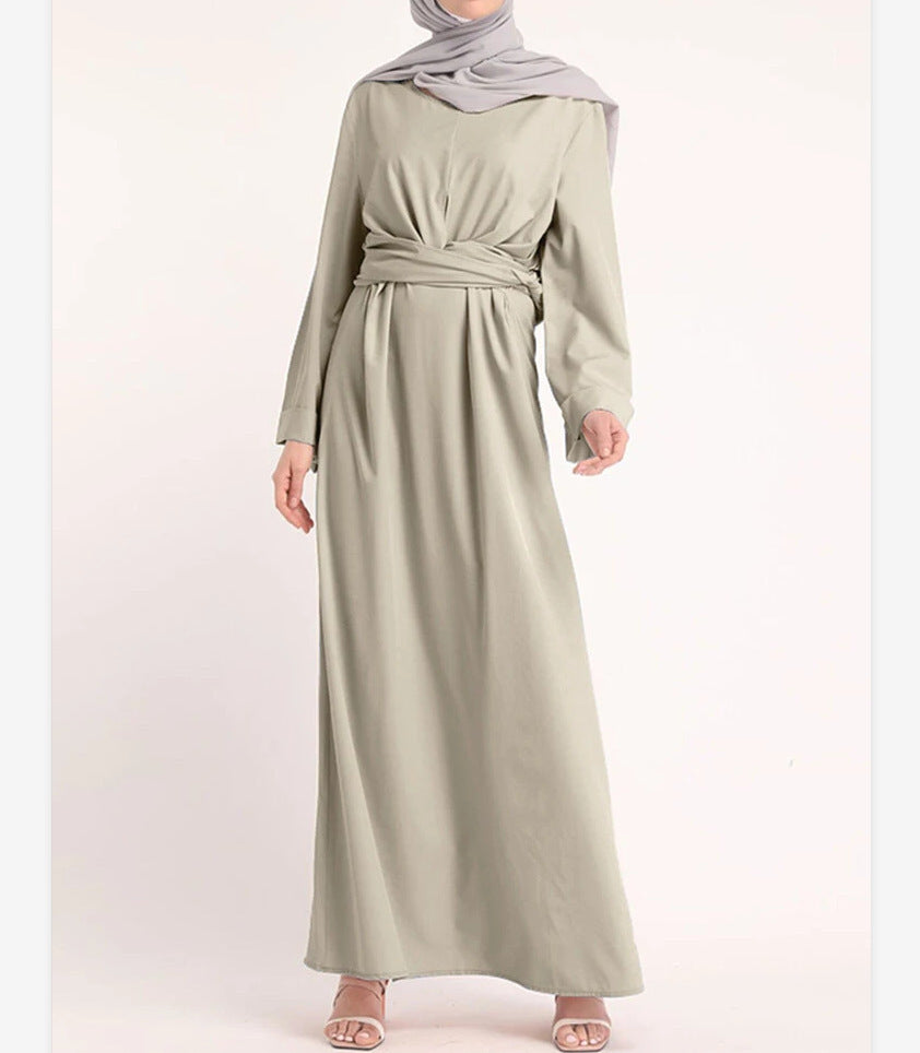 Women Solid Color Elegant Belt Dress Khaki High Quality